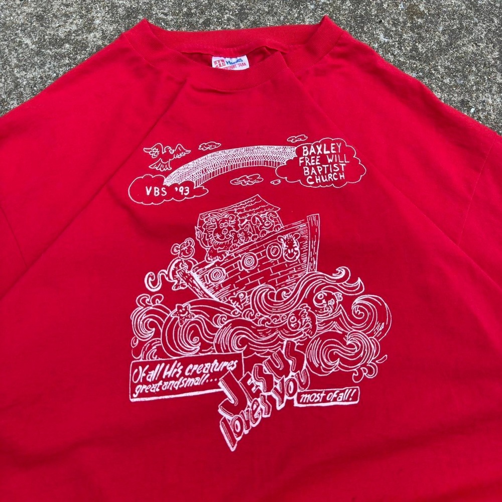 Vintage 90s Hanes Noahs Ark VBS Church Graphic T Shirt Red Single Stitch 2XL g4a